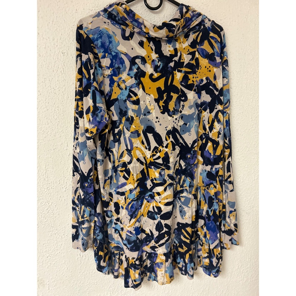 LOGO Lori Goldstein Cowl Neck Ruffle Hem Tunic Abstract Floral Blue Yellow 1X - Picture 6 of 7